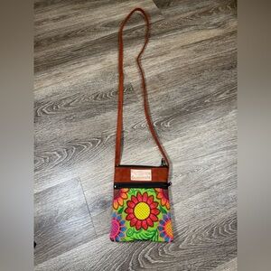 Handmade Crossbody Mini Bag Purse Red Sunflower‎ Embroidered Guatemala Artisan